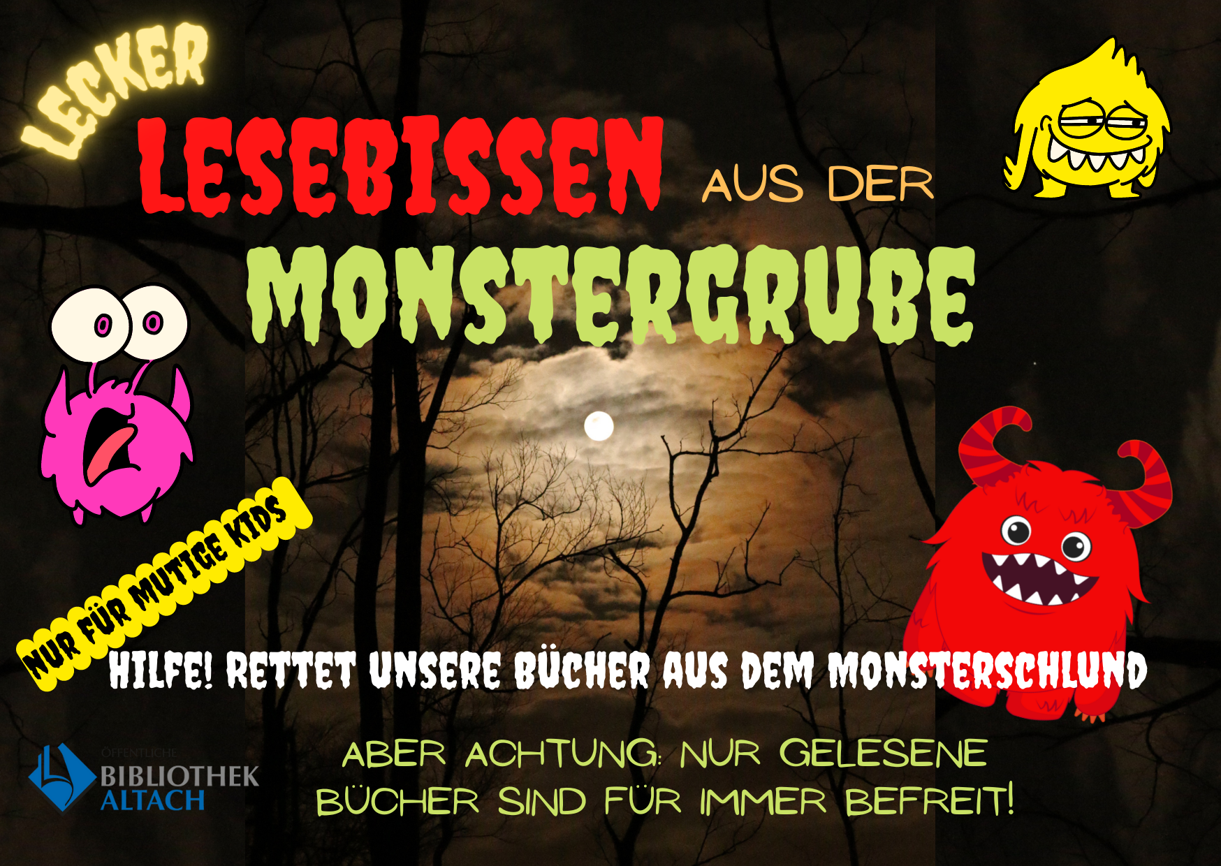 Plakat mit Mond und Monstern